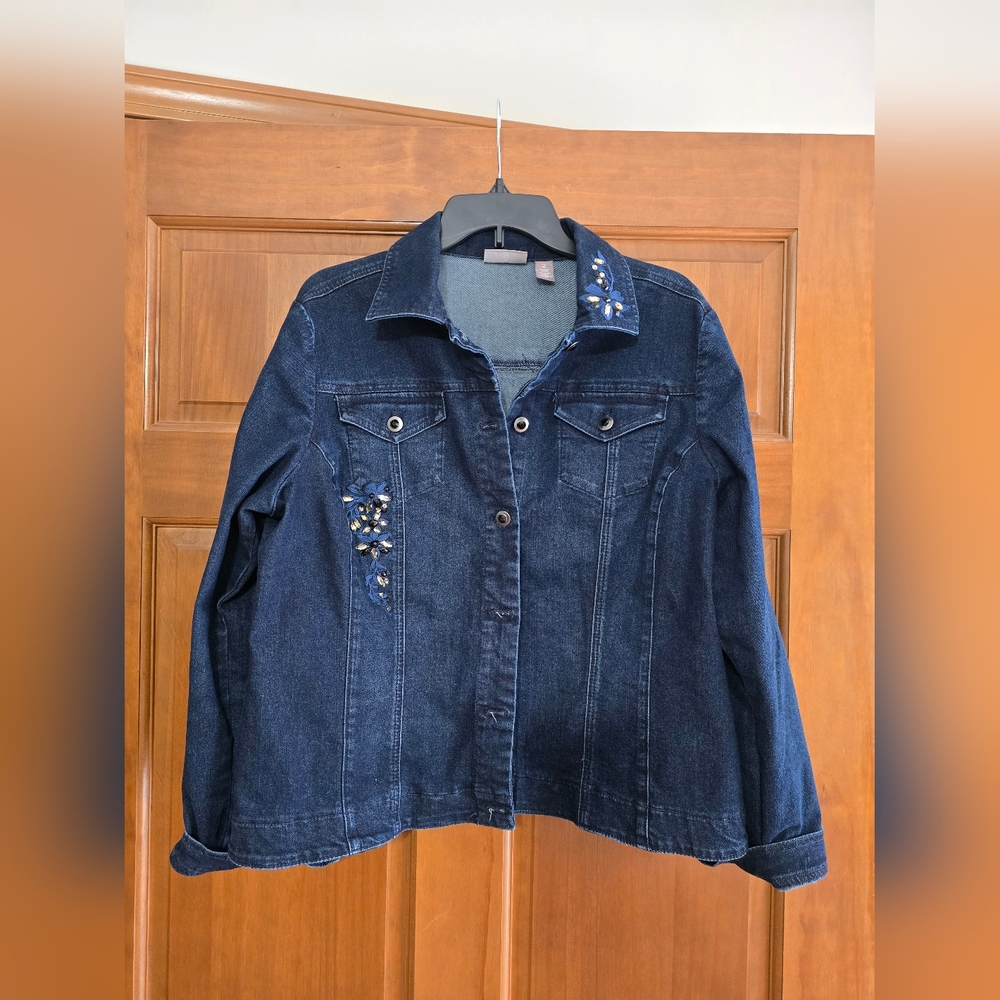 Chico's Dark Blue Denim Jacket with Crystal Floral Embellishments